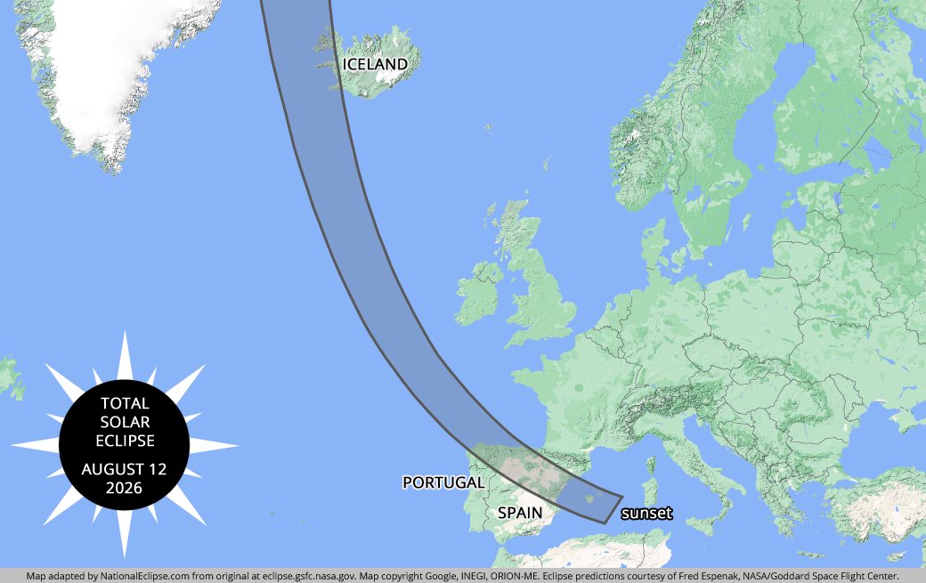 Many people who have seen a total solar eclipse for the first time vow then and there that they MUST see the next one. When is the next one? On August 12, 2026, with a path of totality crossing over Iceland, Potugal, and Spain. Yes, please!
