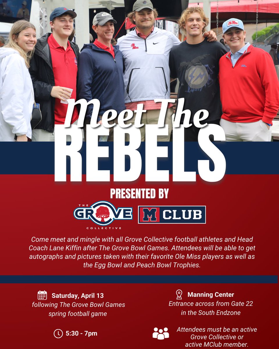 Following the Grove Bowl Games on Saturday, active Grove Collective members and M-Club members can meet GC players and head coach Lane Kiffin. @grovecollectnil x @OleMissMClub