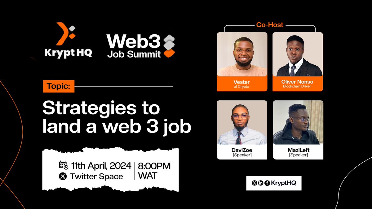 Landing a job in web3 requires both skills strategy. Having just the skill without to best strategies to find the jobs is incomplete @Davizoe1 & @mlacadofficial will be live on our X space to show you how to make money from your skills in web3 Set your reminders👇