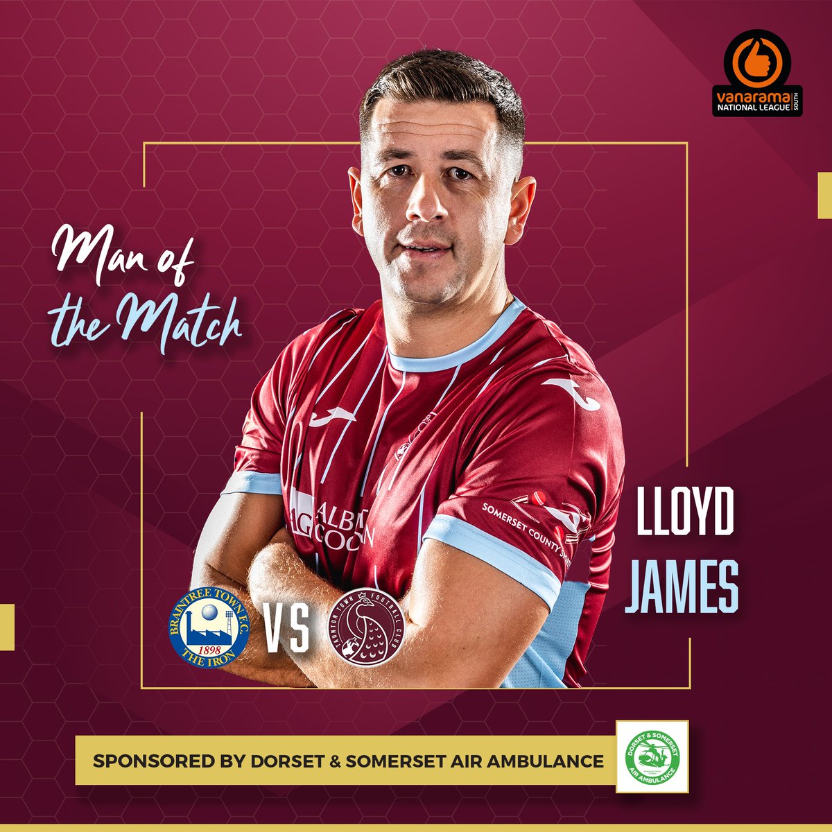 𝗠𝗮𝗻 𝗼𝗳 𝘁𝗵𝗲 𝗠𝗮𝘁𝗰𝗵 🏆🦚 Lloyd James has been named as the @dsairambulance Man of the Match for his performance against Braintree tonight 👏 Congratulations @lloydjames23 🙌🦚 #UpThePeacocks 🦚