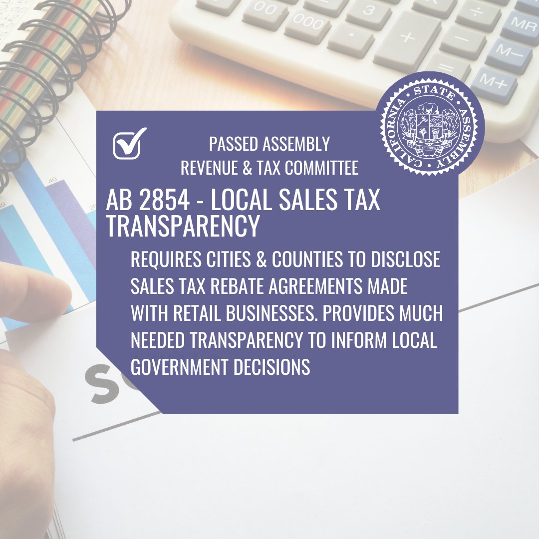 Very pleased that #AB2854 received bipartisan support in Assembly Rev & Tax Cmte. This bill provides much needed transparency so leaders at the state & local level can better understand where local sales tax dollars are allocated. Details here: bloomberglaw.com/bloomberglawne… #CALeg