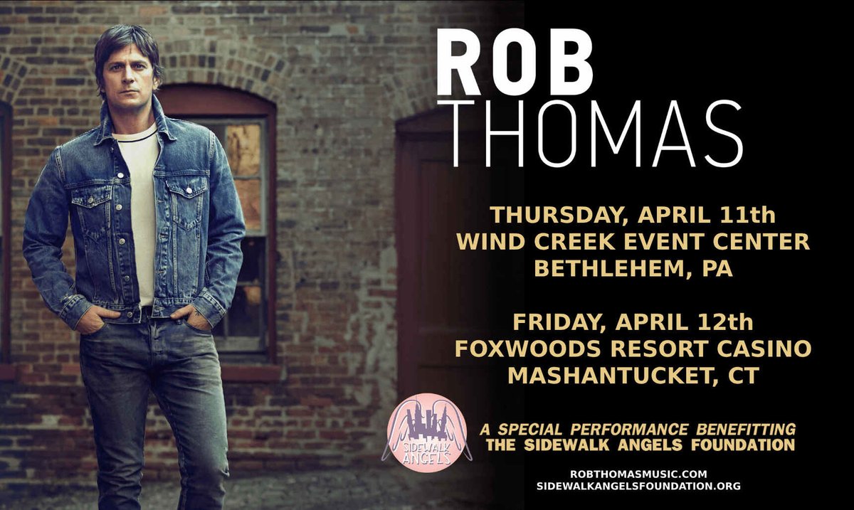 I have two @sidewalkangels benefit shows coming up this week! Only a limited number of tickets & VIP Packages are still available at robthomasmusic.com/events. Thursday, April 11 @theWCEC Bethlehem PA Friday, April 12 @FoxwoodsCT Mashantucket, CT