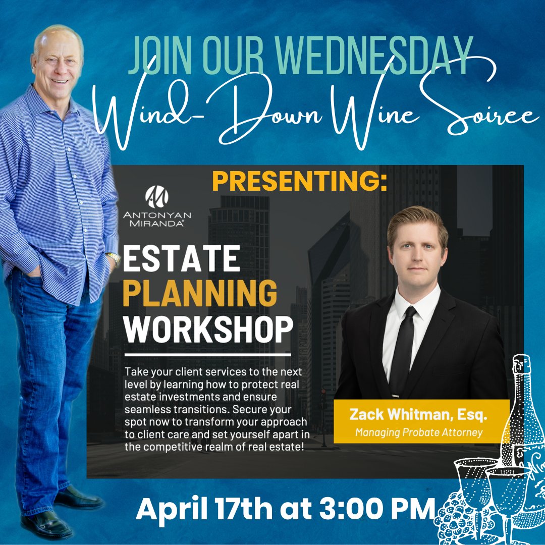 Learn about Estate Planning:
• Buyer Benefits
• How to Avoid Probate
• How to Create a Estate Plan
• Do you need a Trust? When and Why, I Should Consider a Trust?

CLICK TO RSVP on profile
loom.ly/lWYVlFU

#estateplanning #freeworkshop #winewinddown
