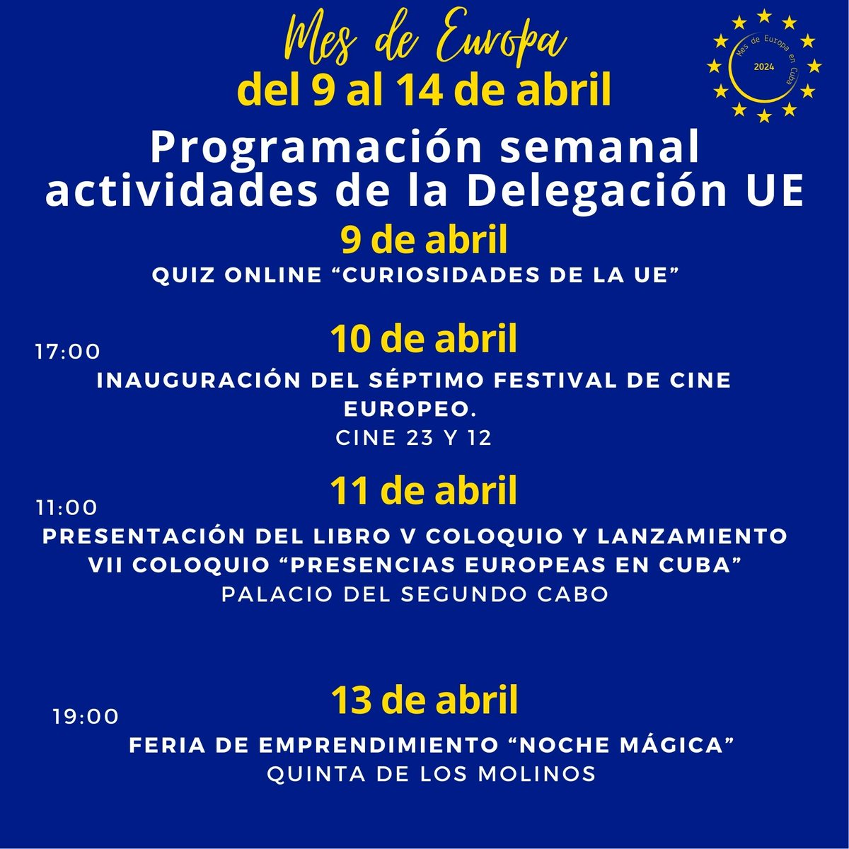 UEenCuba's tweet photo. Hoy 9 de abril comienza la 2ª edición del Mes de Europa en Cuba, que se extiende hasta el 9 de mayo, y contará con una programación cultural intensa y variada. Compartimos las actividades organizadas por la UE en Cuba 🇪🇺 para esta semana. https://t.co/1jaJEnCMsR
