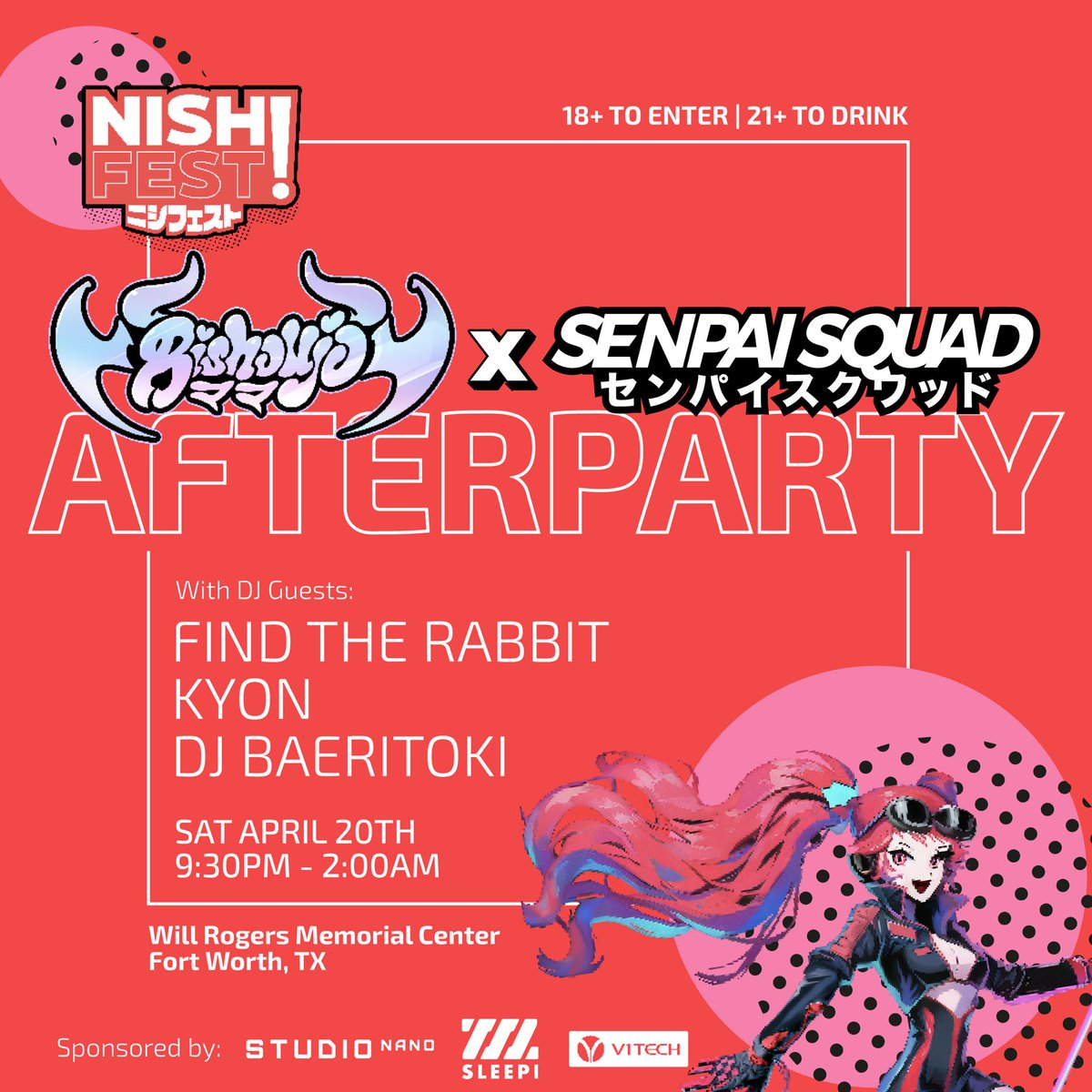 Let’s party! When the convention doors close on Saturday, the party goes until 2:00AM at our annual Nishi Fest After Party - in partnership with @SenpaiSquadNet and @BishoujoMom! Stay tuned for our surprise DJ announcement. Must be 18+ to enter and 21+ to drink. See you there!