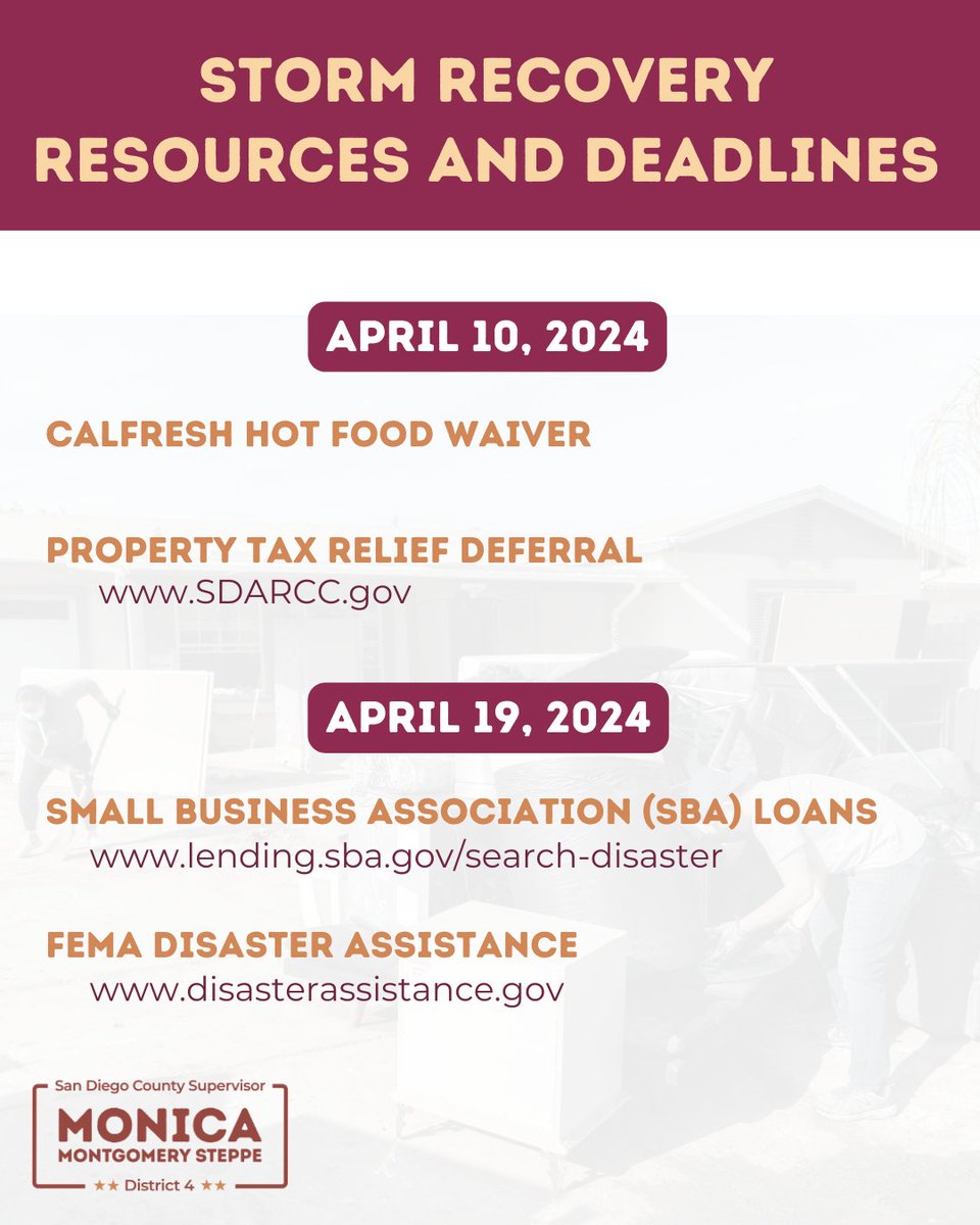 REMINDER: The deadline for flood survivors to apply for the Property Tax Relief Deferral program is tomorrow, April 10, 2024. Several other deadlines are approaching as well, including the CalFresh Hot Food Waiver (04/10), SBA Disaster Loans (04/19), and FEMA Assistance (04/19).