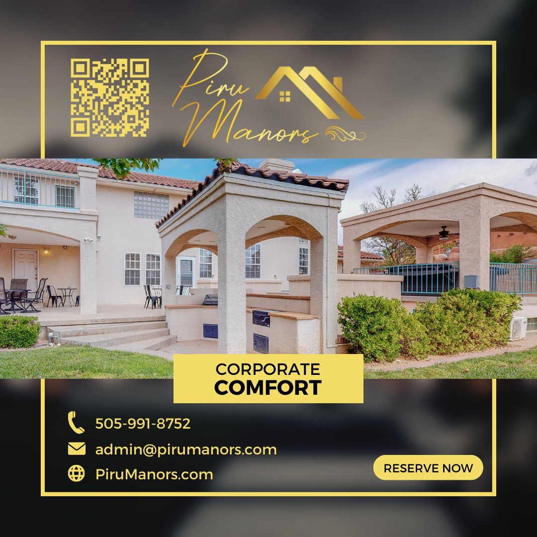 💼 Provide your team with comfort during business trips to Albuquerque! #CorporateComfort #BusinessTravel
Reserve Now at ow.ly/vqMT50QToRR

Call: 505.991.8742
Email/Text: Admin@pirumanors.com
Visit: PiruManors.com