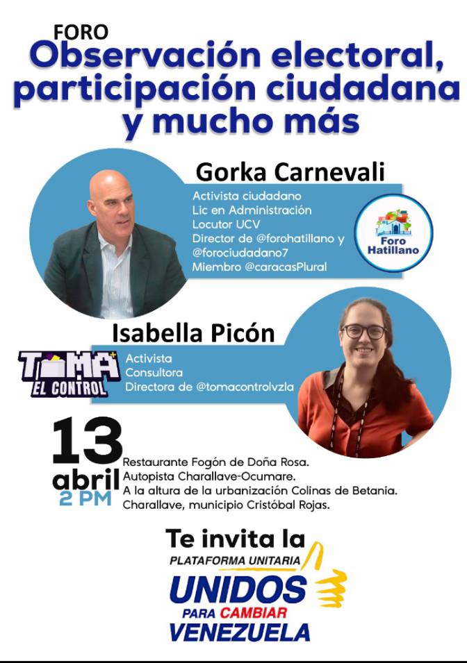 En los Valles del Tuy, el próximo sábado, estarán mis grandes amigos Isabella Picón, @isapicon_ y Gorka Carnevali, @gorkacarnevali, hablando de elecciones y de cambio. No te lo pierdas, son excelentes ciudadanos y activistas de mucha experiencia. Asiste.