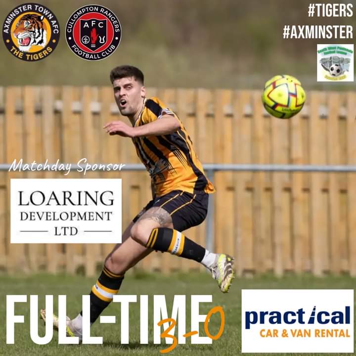 Full-time here Axminster Town Football Club 'AFC' and it finishes 3-0 to the Tigers vs. @CullyRangers_FC. Thanks to match sponsor Loaring Development Ltd for your support. ⚽️Danny Baily ⚽️Craig Veal ⚽️Jamie Short #Tigers 🐅#Axminster 🧡#COYTigers⚽️ @swpleague @swsportsnews