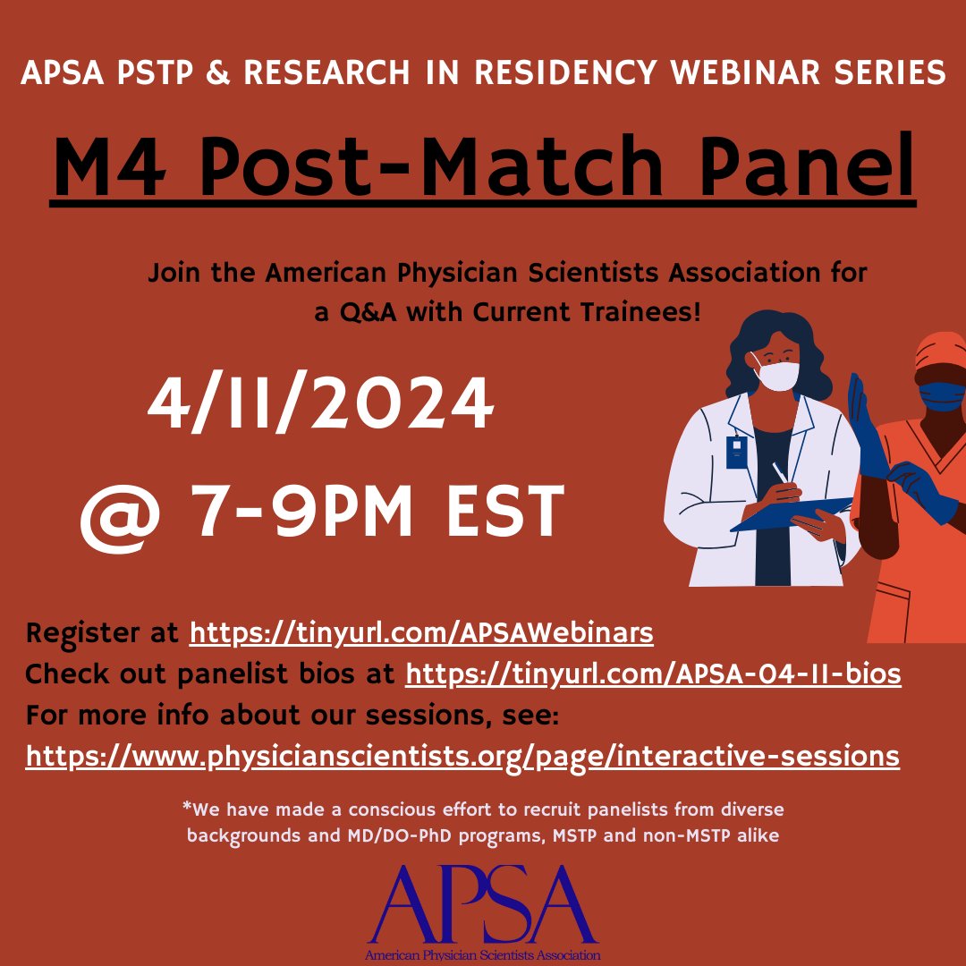 APSA (@a_p_s_a) on Twitter photo Are you interested in learning more about research pathways in residency training from post-match M4s? On April 11 from 7-9pm ET we will be hosting a panel with M4s to hear all of their tips and tricks on a successful match. Register for free at tinyurl.com/APSA-4-11-24 Are you interested in learning more about research pathways in residency training from post-match M4s? On April 11 from 7-9pm ET we will be hosting a panel with M4s to hear all of their tips and tricks on a successful match. Register for free at tinyurl.com/APSA-4-11-24