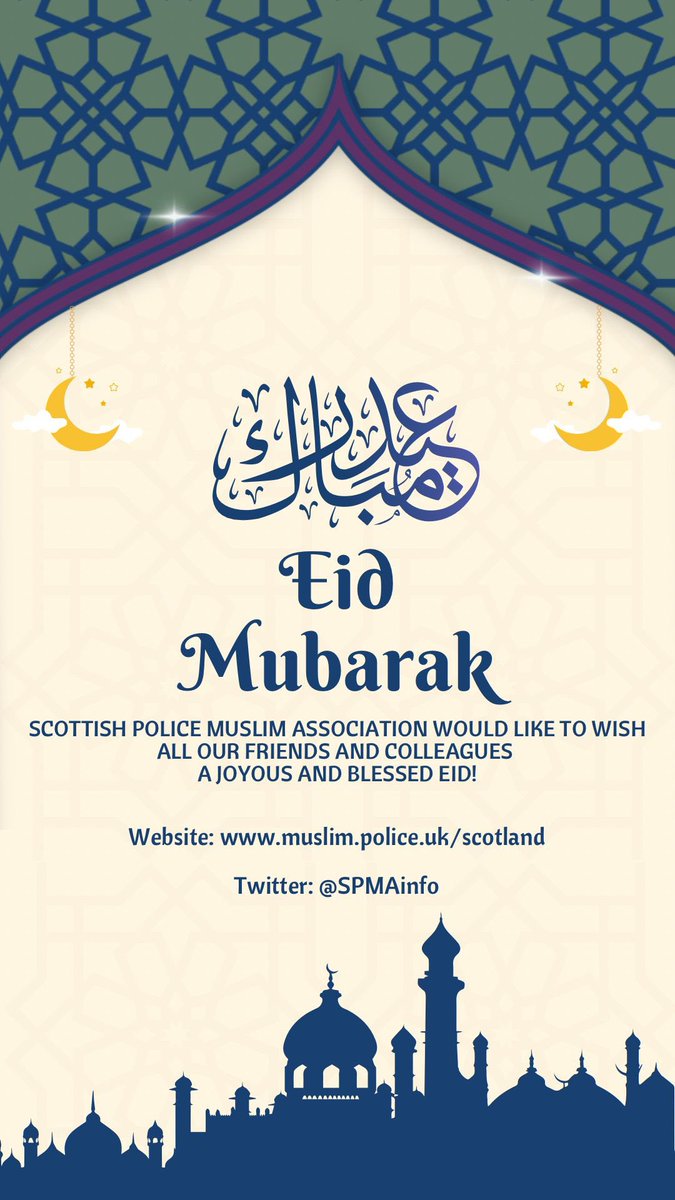 The Scottish Muslim Police Association would like to wish all those celebrating, Eid Mubarak! 🌙 May this special occasion bring joy, peace, and blessings to our colleagues, communities and our thoughts to those suffering and facing injustice across the world. #EidAlFitr2024