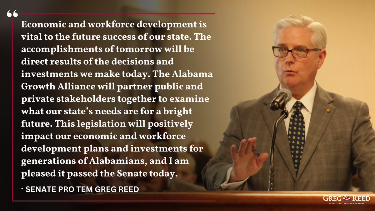 Today, the Alabama Senate passed the Alabama Growth Alliance Bill. I was proud to sponsor this important piece of legislation that will positively impact the future of Alabama by continually accessing the economic and workforce development needs of our state.