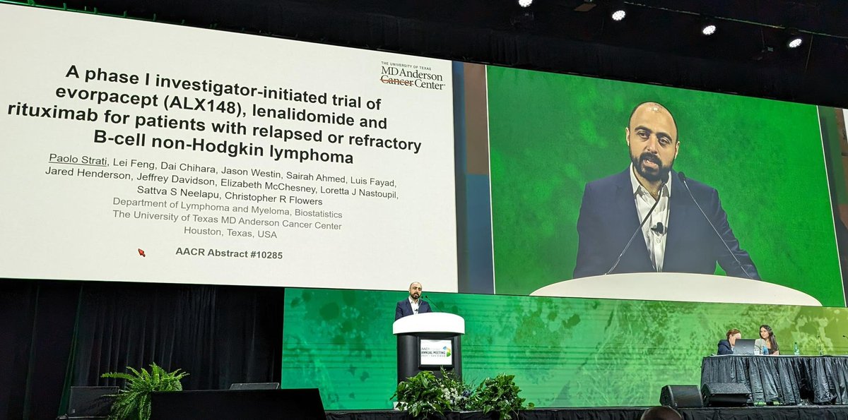 Three MD Anderson researchers present novel targets and emerging therapeutic strategies at #AACR24:

Dr. Paolo Strati discusses a novel combination with the CD47 blocker evorpacept for B-cell non-Hodgkin #lymphoma (CT037). bit.ly/3PVRLEU @AACR #EndCancer (1/3)