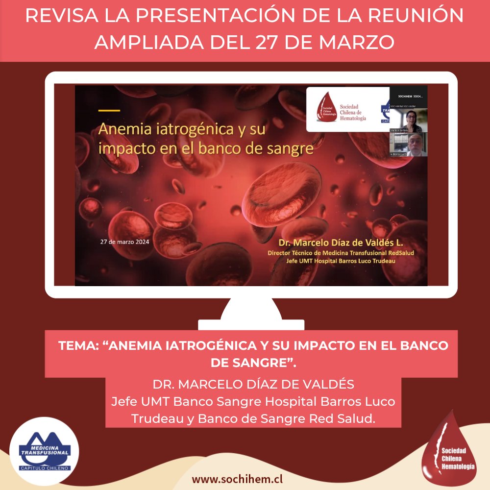 [VIDEO DISPONIBLE] REUNIÓN AMPLIADA DEL 27 DE MARZO
Revisa el video de la primera Reunión Ampliada del 2024, donde el Dr. Marcelo Díaz de Valdés presentó el tema: "Anemia iatrogénica y su impacto en el banco de sangre". Mira el video pinchando en el link sochihem.cl/site/reuniones…