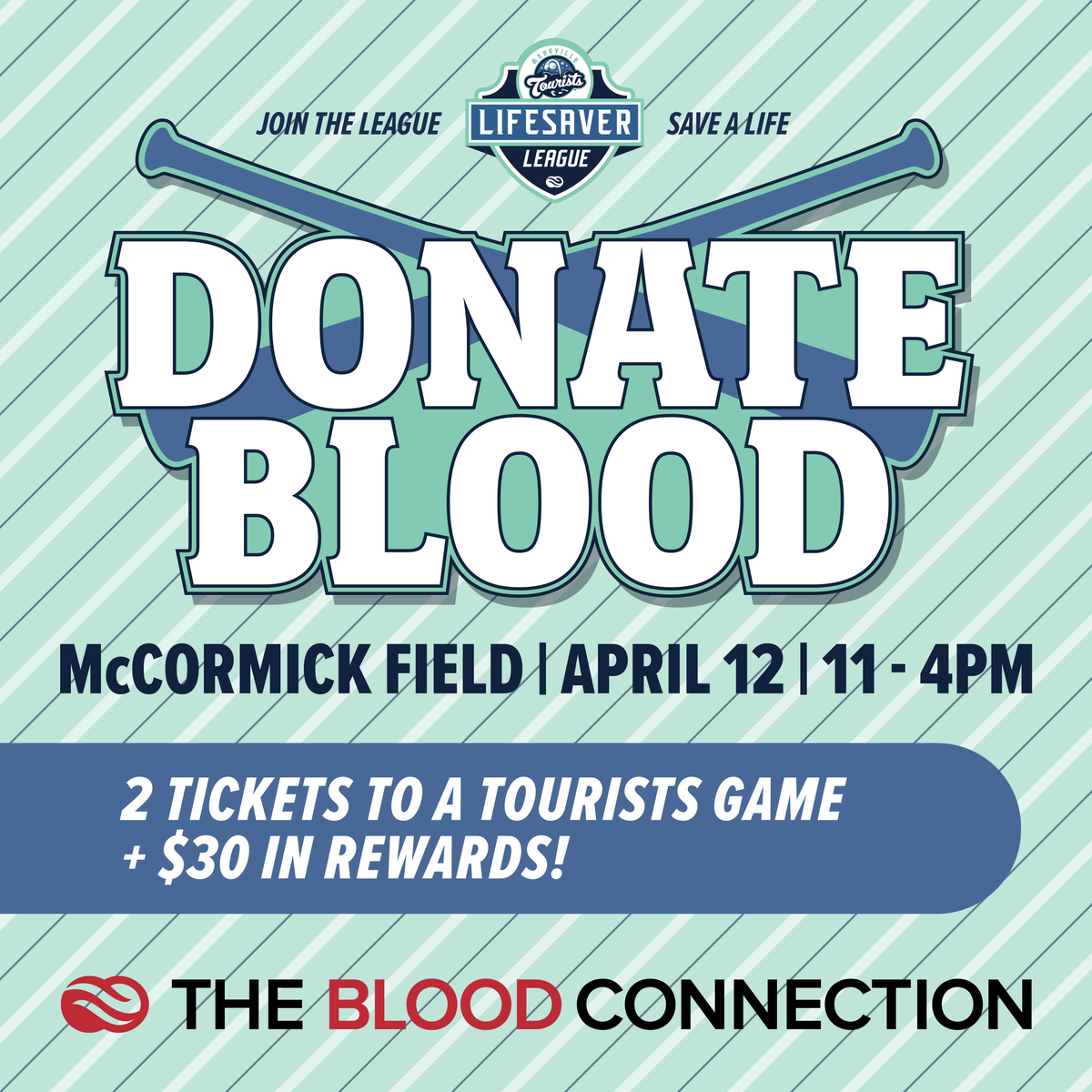 Hey @GoTourists Fans! This Friday, April 12, make your way to McCormick Field and donate blood. Not only will you be making a difference in someone's life, but you'll also score big with 2 Tickets to a Tourists game and $30 in rewards! ⚾ Sign up 👉 thebloodconnection.org/tourists/