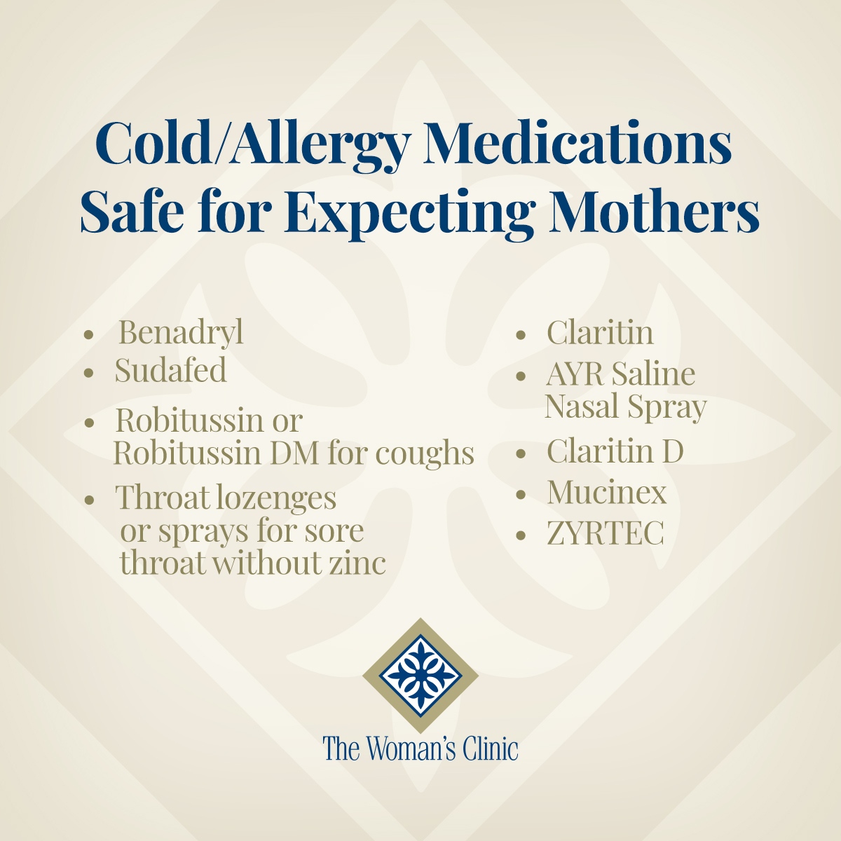 Allergy season is here! These medications are safe to take if you are pregnant or if you are feeling under the weather during the spring season.

#allergyseason #thewomansclinic #obgyn