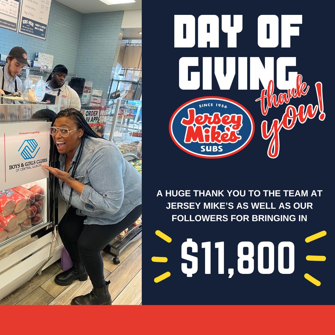 BGCCIL's tweet photo. A HUGE thank you to @Jersey Mikes as well as all of you for helping us raise $11,800 on the Day of Giving!!! We are truly so grateful for our amazing community and every single person that helped make this possible. 

So much #ClubLuv from us to you. 💖 https://t.co/jABc2TIRiV