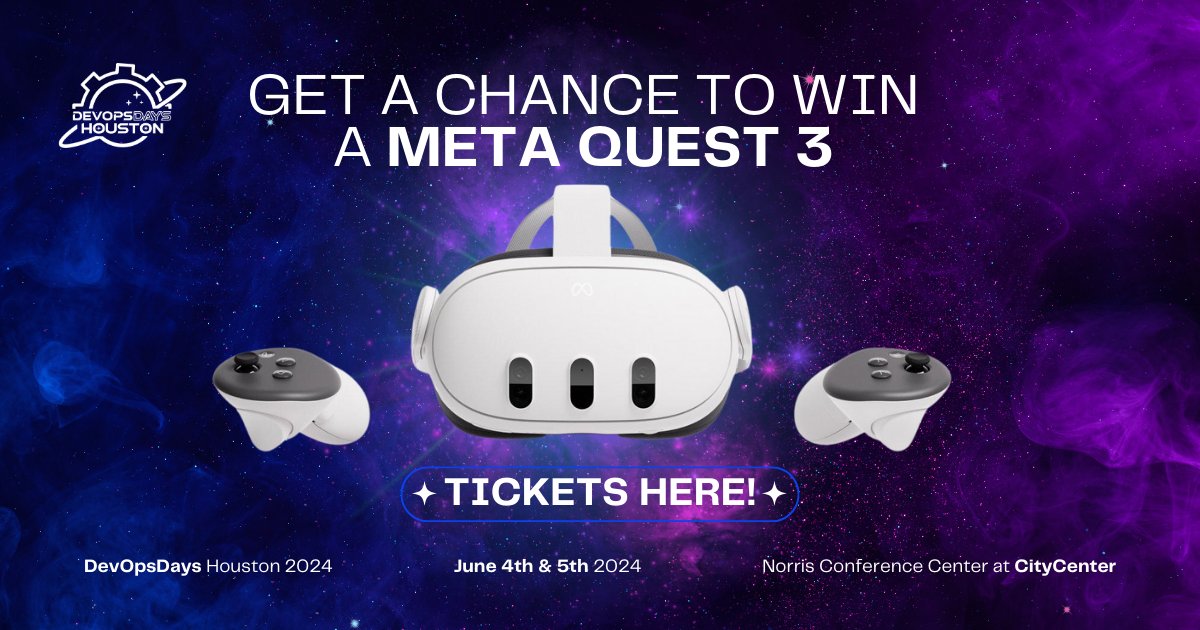 These tickets grant you entry and include FIVE raffle tickets for the coveted Meta Quest 3. You can share with your friends and colleagues! tickets.devopsdays.org/devopsdays-hou…
#DevOpsDays2024 #CommunityBuilder #DiscountTickets #MetaQuest3 #EarlyBird