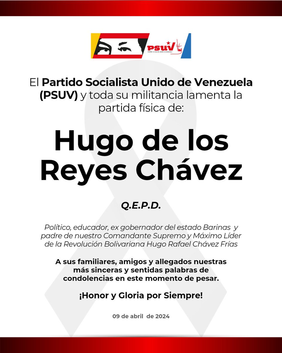 El <a href="/PartidoPSUV/">PSUV</a> y toda su militancia lamenta la partida física del maestro Hugo de los Reyes Chávez,padre de nuestro Líder Eterno,Hugo Chávez. 

Nuestras sentidas palabras de condolencias a sus familiares, amigos y allegados en estos momentos de pesar.  

¡Honor y gloria!