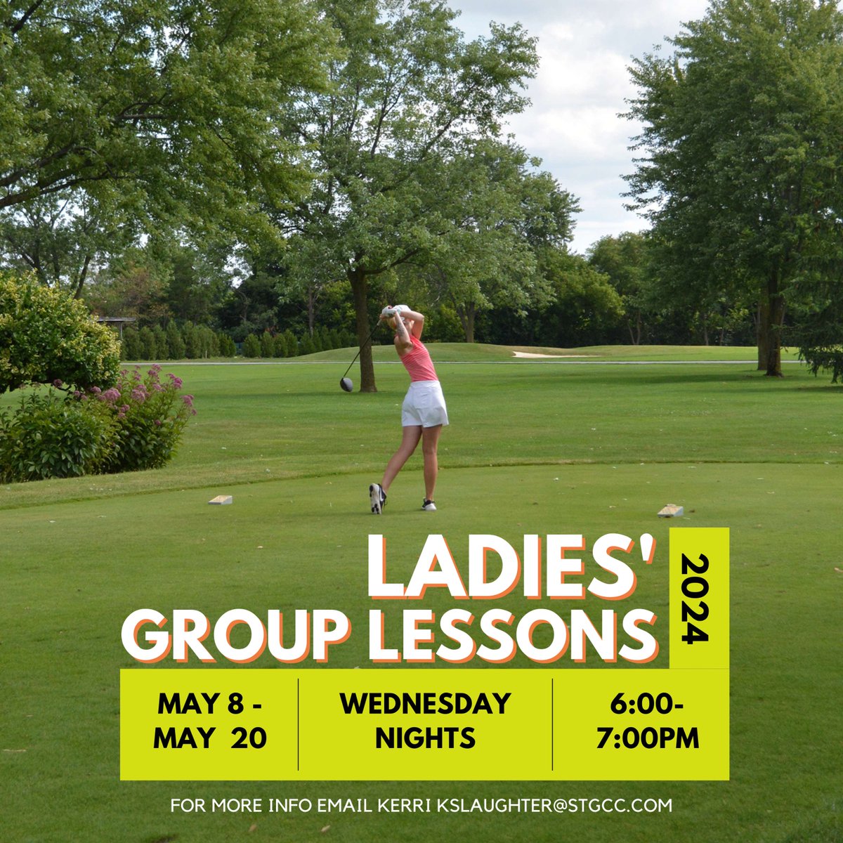 Attention ladies!
Learn and improve your game in a welcoming, fun, group setting.
Join Kerri and Zach Wednesdays from 6:00 - 7:00 pm, four group sessions in total starting May 8th.
To register email Kerri at kslaughter@stgcc.com

#stcgcc #golflessons