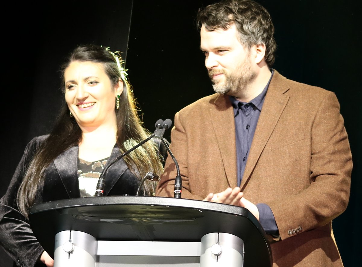 Not much of a low-light photographer, but I kind of like this one I took of <a href="/tompowercbc/">Tom Power</a> and <a href="/EmiliaBartellas/">Emilia Bartellas</a> who were hosts at the <a href="/folkawards/">Canadian Folk Music Awards</a> (Canadain Folk Music Awards) in St. John's this past weekend. #CFMA #TomPower #EmiliaBartellas