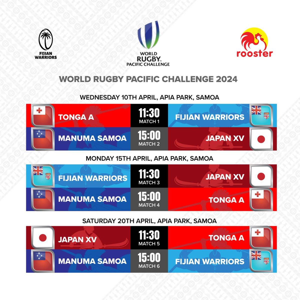 Draws for the World Rugby Pacific Challenge. The Rooster Chicken Fijian Warriors play their first match against Tonga A today @ 11:30 am. #dauveilomanirakavi #roosterchicken #fijianwarriors #wrpc2024