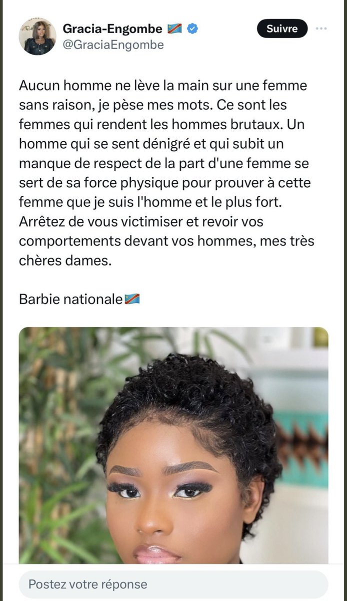 Je ne soutiens pas la violence envers les femmes et je ne serai jamais d'accord avec cela. 

Je suis simplement contre toutes ces femmes impolies et vulgaires qui poussent leurs hommes à lever la main sur elles, puis se victimisent. 

Des propos du genre 'si tu es un homme, viens…