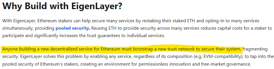👀great thread on the @eigenlayer mainnet launch with lots of details linked within. If you're wondering what the why of EigenLayer is for #ethereum decentralized apps, it's captured in this screen shot: bootstrapping a secure decentralized service