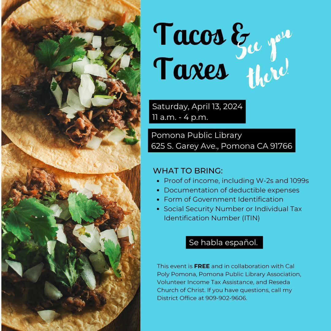 🌮 YOU'RE INVITED! 🌮 Join us SAT, April 13 from 11am - 4pm for FREE tacos, tax filing assistance, & to explore various state resources. This is in collaboration with @calpolypomona, Pomona Public Library Association, VITA, & more. See you there!