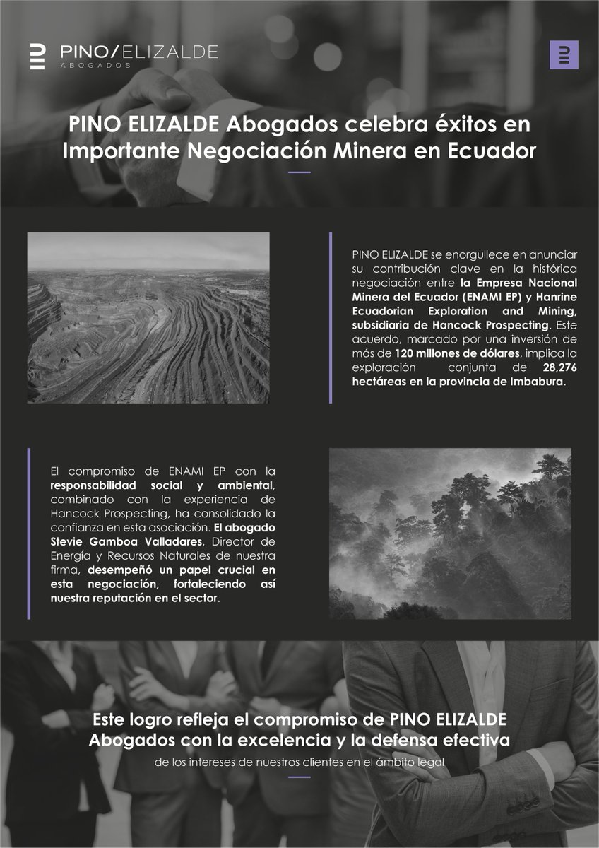 Pino Elizalde (@pinoelizalde) on Twitter photo Desde Pino/Elizalde celebramos nuestra contribución clave en la histórica negociación liderada por nuestro Director <a href="/steviegamboa/">Stevie Gamboa Valladares 🇪🇨</a>, entre la Empresa Nacional Minera del Ecuador y Hanrine Ecuadorian Exploration and Mining, subsidiaria de Hancock Prospecting. Desde Pino/Elizalde celebramos nuestra contribución clave en la histórica negociación liderada por nuestro Director <a href="/steviegamboa/">Stevie Gamboa Valladares 🇪🇨</a>, entre la Empresa Nacional Minera del Ecuador y Hanrine Ecuadorian Exploration and Mining, subsidiaria de Hancock Prospecting.
