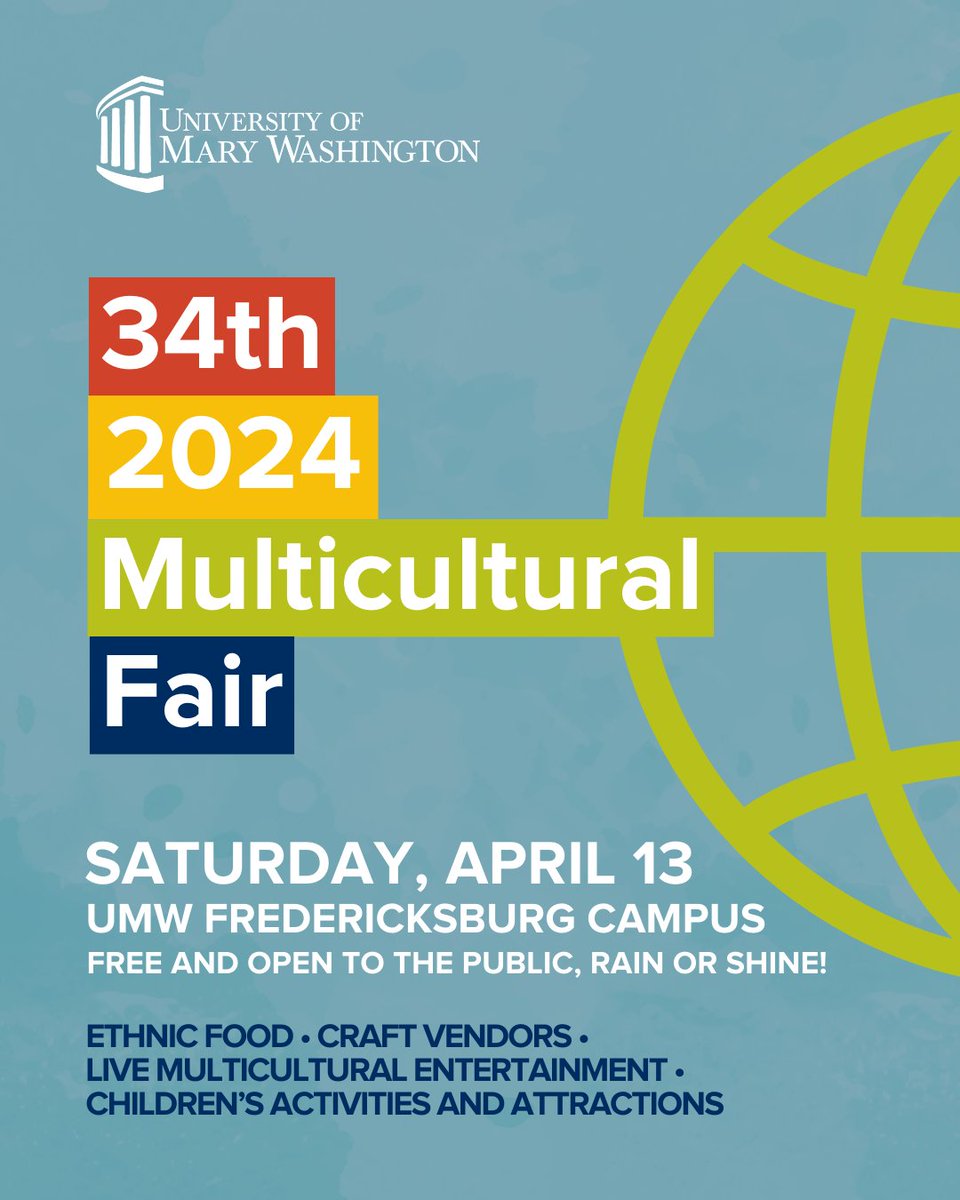 Join us this Saturday, April 13th from 10am-5pm for the JFMC's 34th MULTICULTURAL FAIR. Free (except what you buy from our vendors, of course) and open to all! The Fair is happening rain or shine (but let's hope for shine!) on the FXBG campus of @MaryWash. See you there!