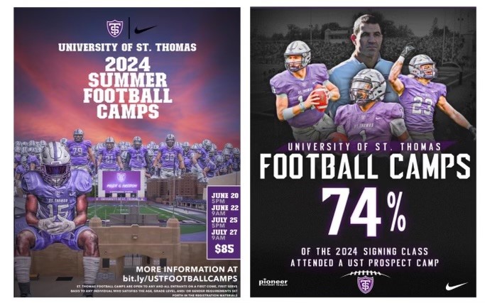 St. Thomas summer Football camps are filling up fast! Don't miss out on an opportunity to COMPETE! Camp dates & registration are below ⬇️ 🗓️Thursday, June 20 🗓️Saturday, June 22 🗓️Thursday, July 25 🗓️Saturday, July 27 💻ustfootball.totalcamps.com/shop/EVENT #RollToms🟣⚪️⚫️🏈