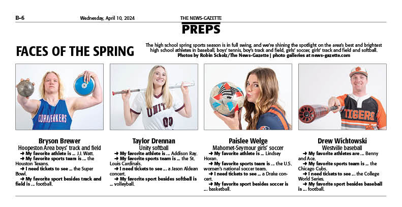 Area athletes Bryson Brewer from @HoopestonAreaHS boys' track and field, Taylor Drennan from @UHSRocketsSB, Paislee Welge from @mshsathletics girls' soccer and Drew Wichtowski from @WestvilleTigers baseball will be in Wednesday's @news_gazette for our Faces of the Spring series