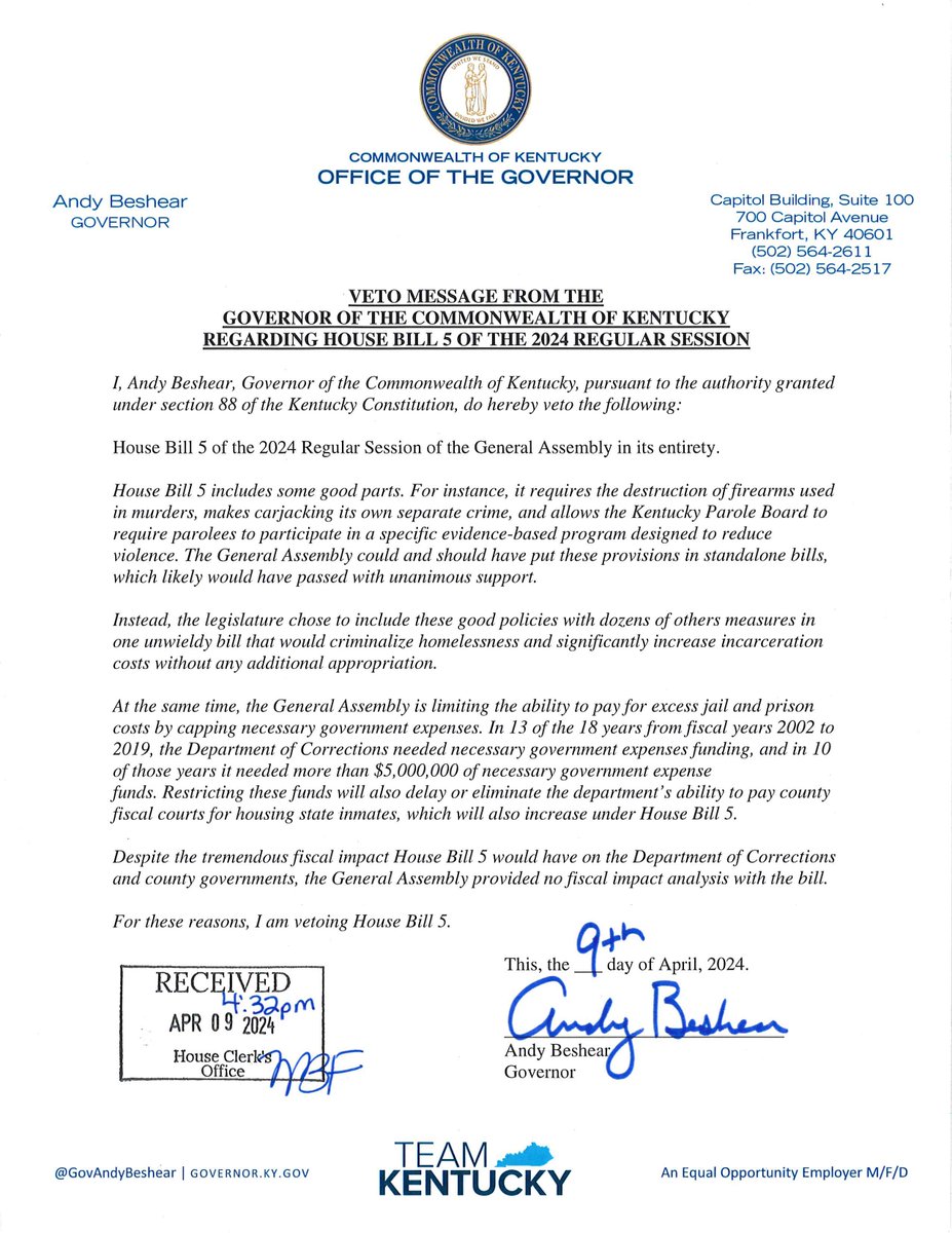 Gov. Beshear has vetoed HB 5. The outdated, incarceration-first approach of this bill will come at an immense cost to Kentucky – more than $1 billion over the next decade – and inflict immeasurable harm on communities and families. Read his veto message: