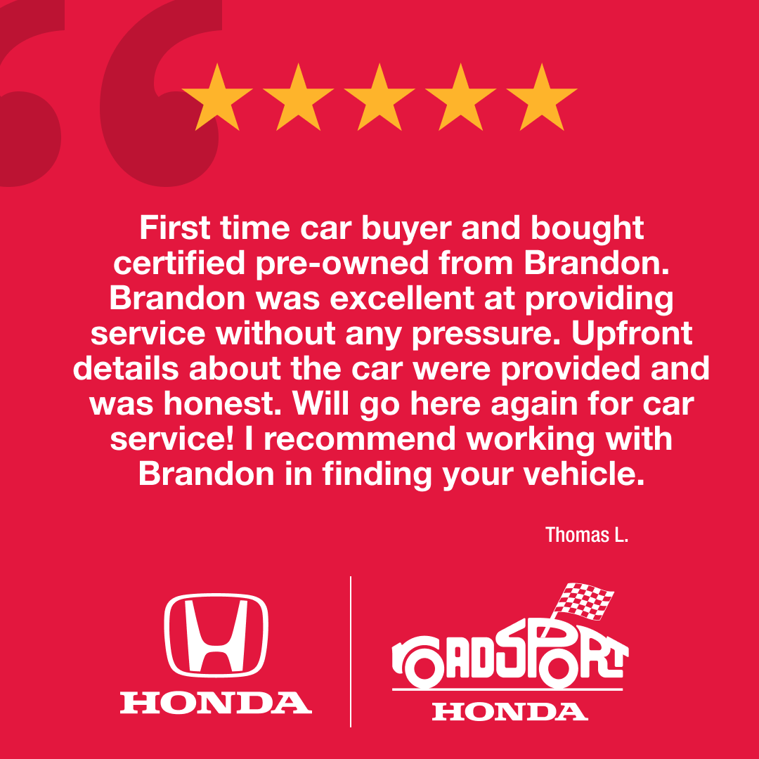 Thomas, we're incredibly grateful for your amazing feedback! We're delighted your experience was great and that Brandon provided such excellent service!🙏🏼 😊 ㅤ #RoadsportHonda #ThankYou #Respect #GoodService