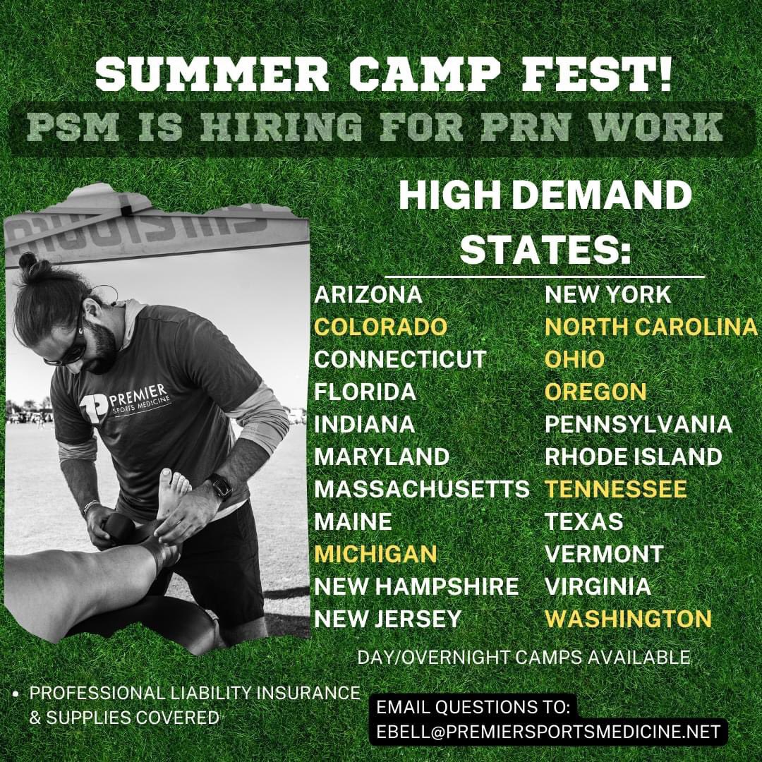 PRN opportunities this summer! #PremierSportsMedicine #ATtwitter #AT4ALL #SummerCampFest