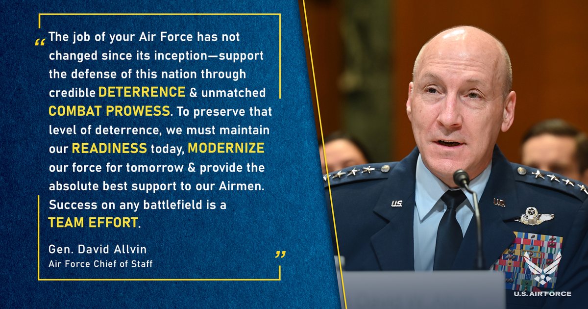 Chief of Staff of the Air Force Gen. David Allvin testified to the Senate Defense Appropriations Committee April 9th on the DAF's FY25 budget request. Details here: af.mil/News/Article-D…