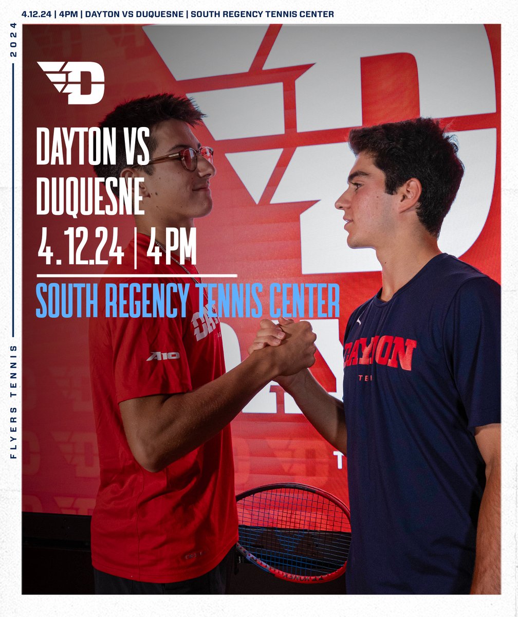 MATCH DAY 🎾✈️ 🆚 Duquesne ⏰ 4pm 🏟️ South Regency Tennis Center #UDMTEN // #GoFlyers