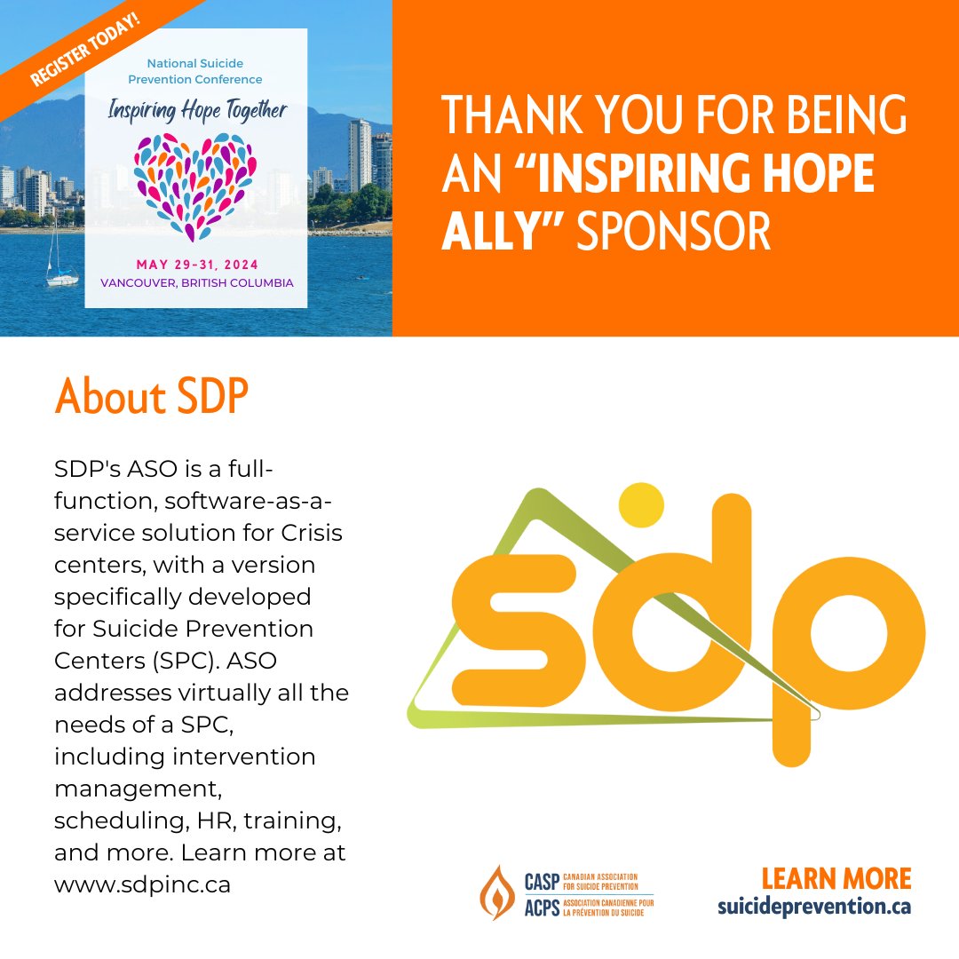 Our heartfelt thanks to SDP for being one of our “Inspiring Hope Ally” sponsors for the National Suicide Prevention Conference on May 29-31, in Vancouver, BC! Secure your spot today and be a part of this vital conversation. Visit bit.ly/4bh0Elx for more information.