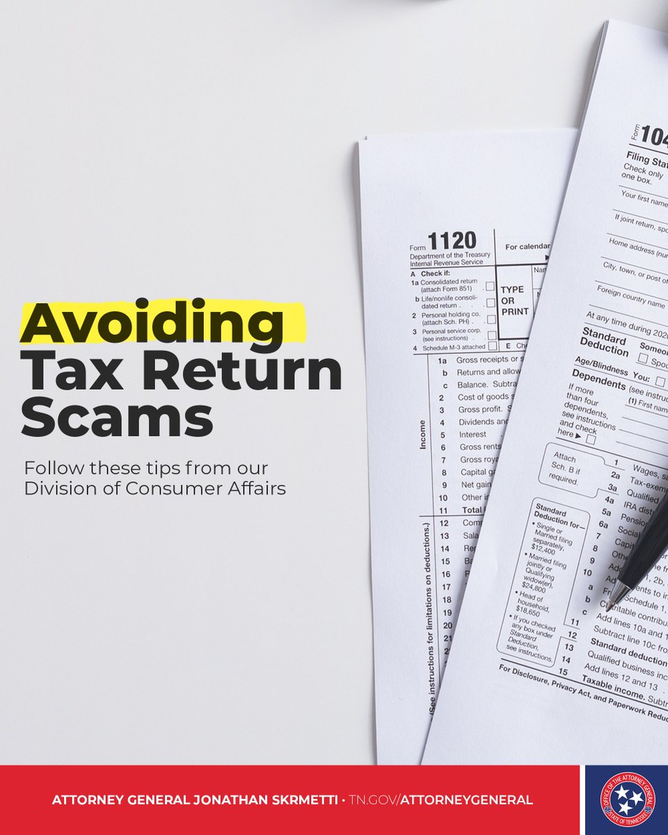 With tax day on Monday, April 15th, make sure you follow these tips from our Division of Consumer Affairs on how to avoid potential tax return scams. ➡️tn.gov/attorneygenera…