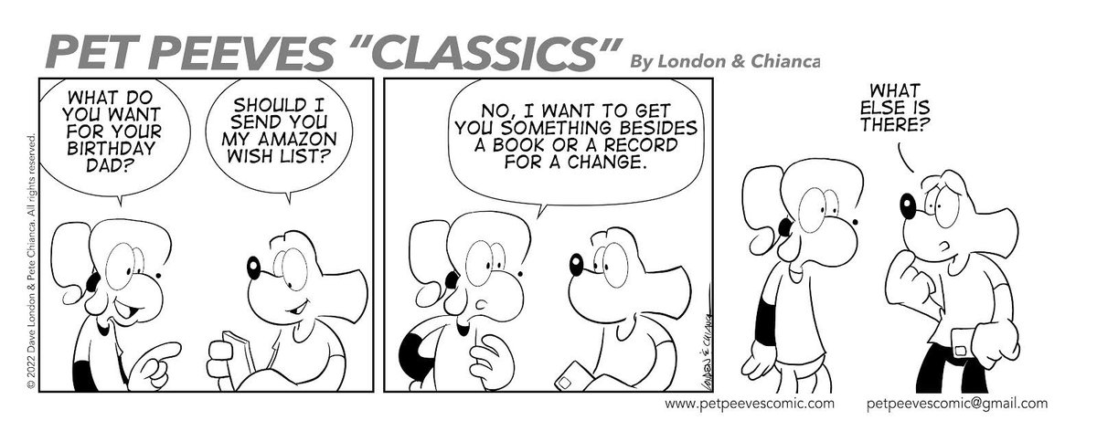 CJ fails to expand his horizons in this excerpt from the upcoming Pet Peeves collection, 'Nerd Dad!' (Originally from September, 2022.) #books #records #wishlist #comicstrip #humor