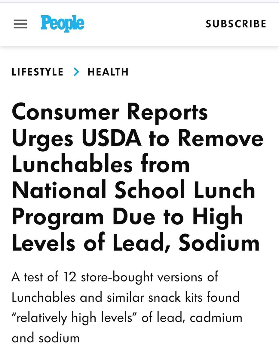 'Consumer Reports is calling on the U.S. Department of Agriculture to remove Lunchables and similar lunch kits from the National School Lunch Program' Why? Because they're full of lead. It is now safer to eat your old houses paint chips than it is to eat Lunchables. Lunchables