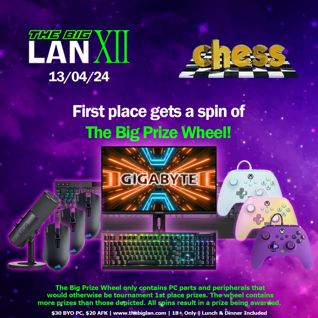 Chess players, this is your moment! Come first in our rapid chess tournament and win a spin of The Big Prize Wheel, where everything is a top prize!
Tickets: thebiglan.com/thebiglan12.ht…
#LAN #Chess. #SpinTheWheel