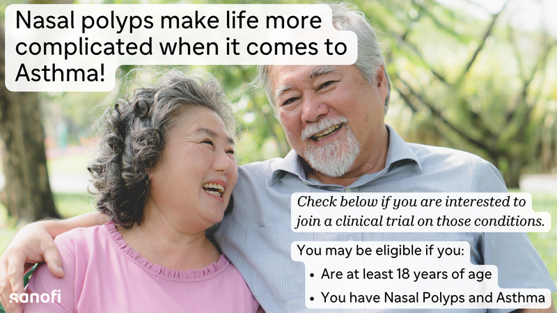 Do you have severe chronic rhinosinusitis with nasal polyps (CRSwNP) and asthma? A clinical study is recruiting individuals over the age of 18 with CRSwNP along with asthma and with symptoms of loss of smell and nasal congestion.

Learn more sanofistudies.com/Nasal-Polyps-a… 

#sponsored
