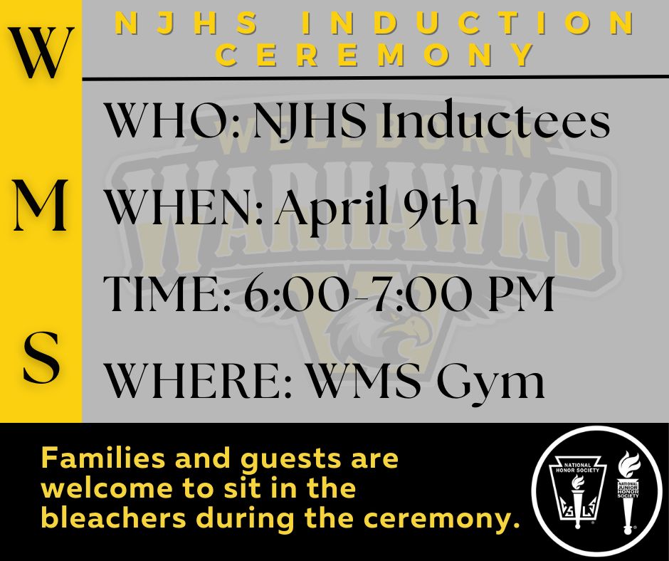 🎉 Join us tonight at WMS for 2 incredible events! First up, our National Junior Honor Society Induction Ceremony kicks off at 6:00PM in the Gym, celebrating our exceptional students' achievements. Then, don't miss the Small Ensemble Orchestra Concert at 7:30 PM in the cafeteria.