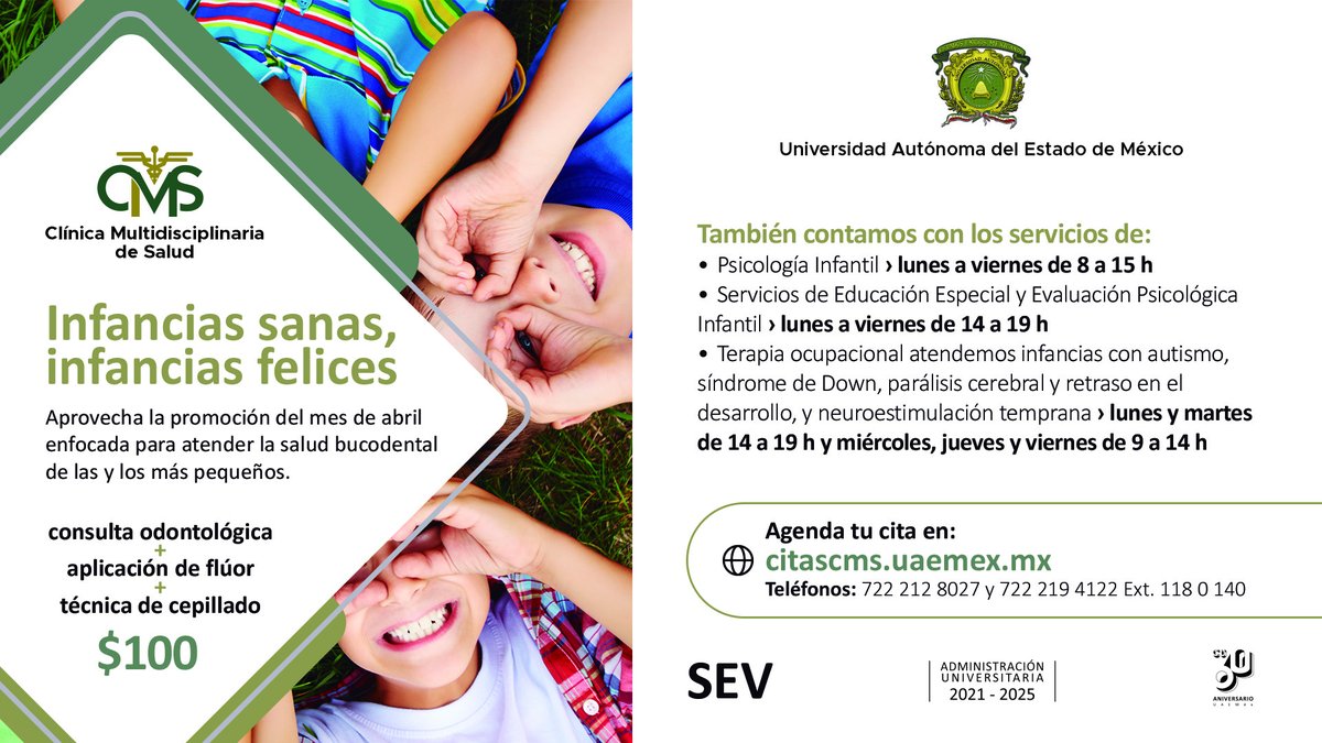 Durante el mes del niño, la @CMSUAEMex ofrece precios especiales para el cuidado dental de los más pequeños del hogar. Si requieres alguna consulta puedes agendar tu cita en 👉 citascms.uaemex.mx 📞722 212 80 27 / 722 219 41 22 extensiones 118 o 140. #SomosUAEMéx 💚💛