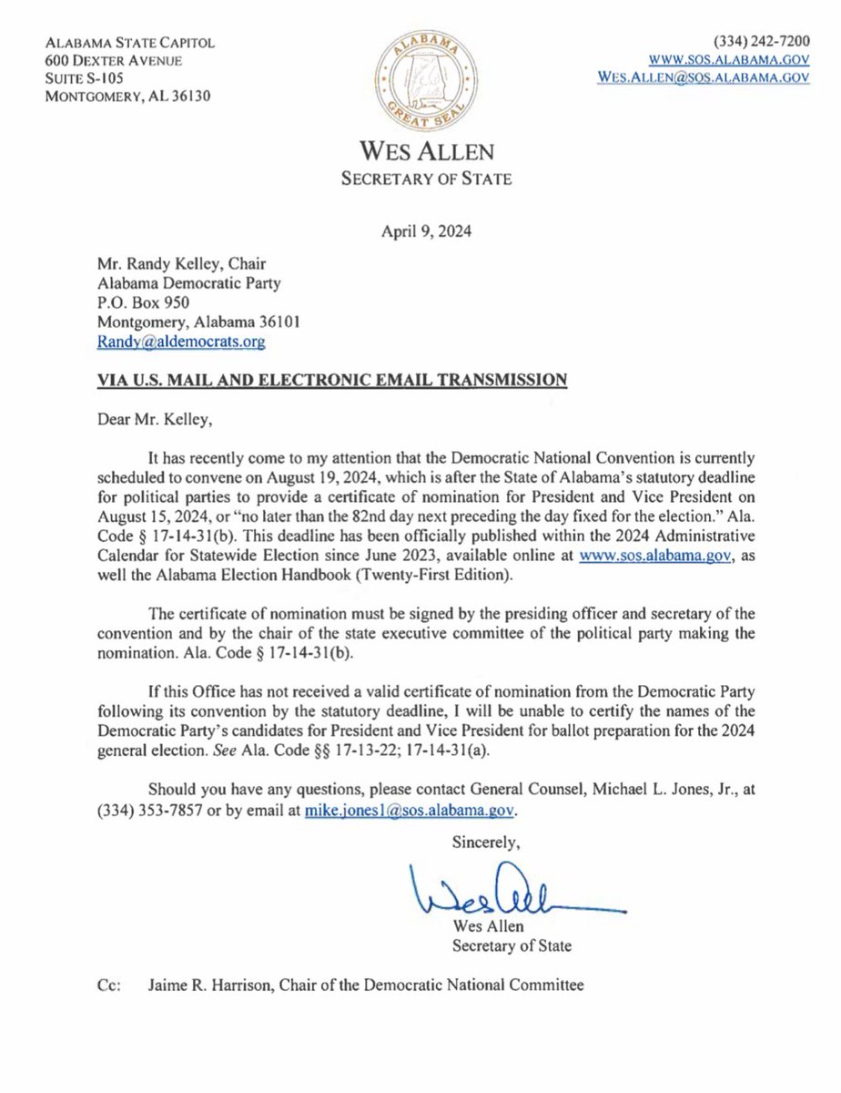 NEW: Alabama Secretary of State Wes Allen (R) notified national and state Democrats that Biden is at risk of not making it in the state’s ballot this fall because of the date of the Democratic National Convention this summer: sos.alabama.gov/sites/default/…