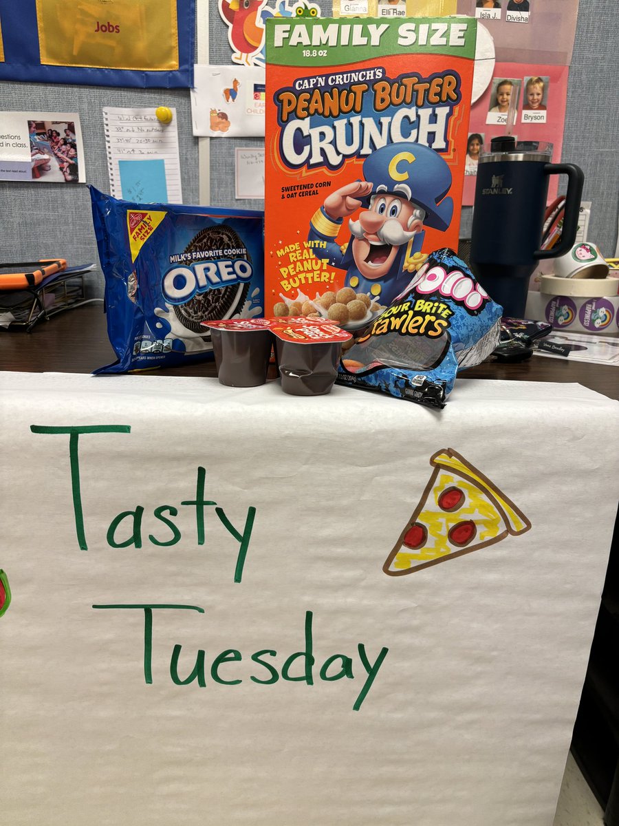 What yummy project can we make on Tasty Tuesday with these ingredients? Well, we can plant a flower. We are studying plants. We used the cereal as the seed, the pudding as the dirt, the Oreo was the top soil and the worm is good for the soil. So delicious! #WOYC24 #lisdpk