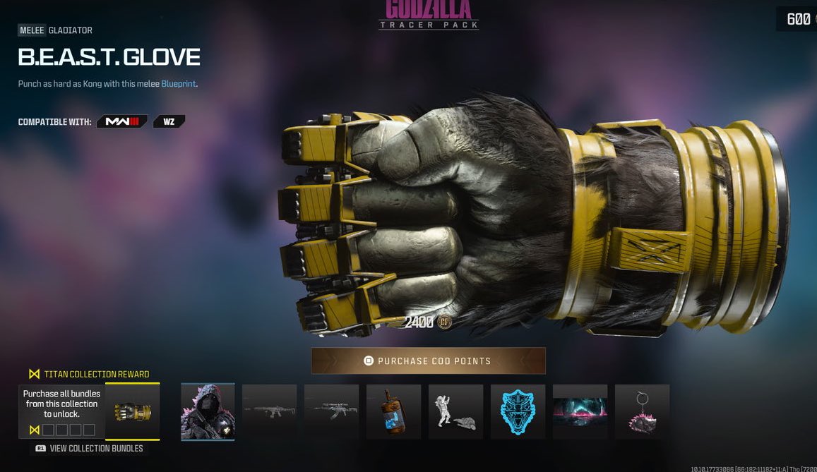 In order to get this B.E.A.S.T. Glove in Call of Duty, you have to spend $80 and buy 4 different 2,400 CoD Points Godzilla x Kong bundles.