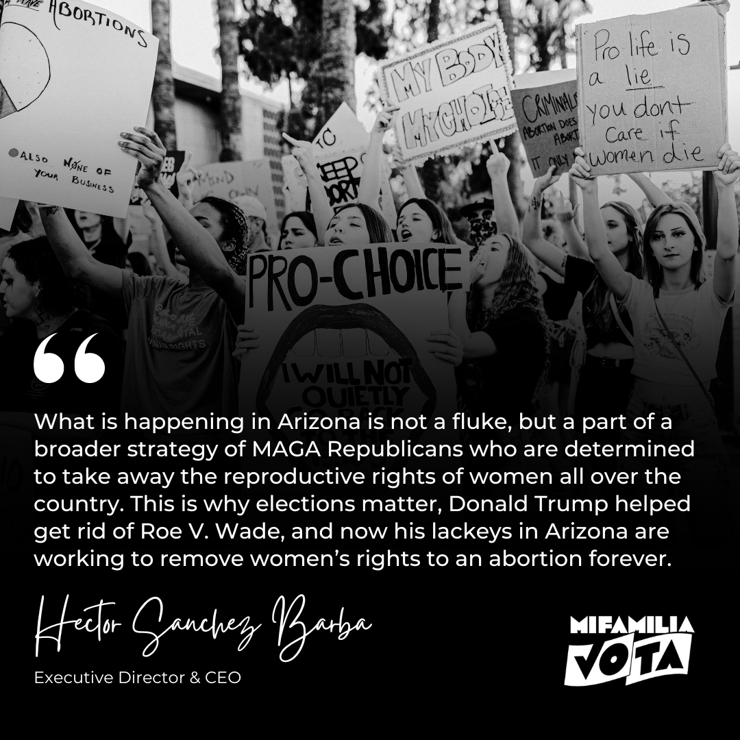 🚨 The AZ Supreme Court Tuesday recently upheld a 160-yr-old law outlawing abortions at any stage of pregnancy unless the patient’s life is in danger, with no exceptions for rape or incest. President & CEO of MFV, @hesanche statement below: Read more: mifamiliavota.org/mi-familia-vot…